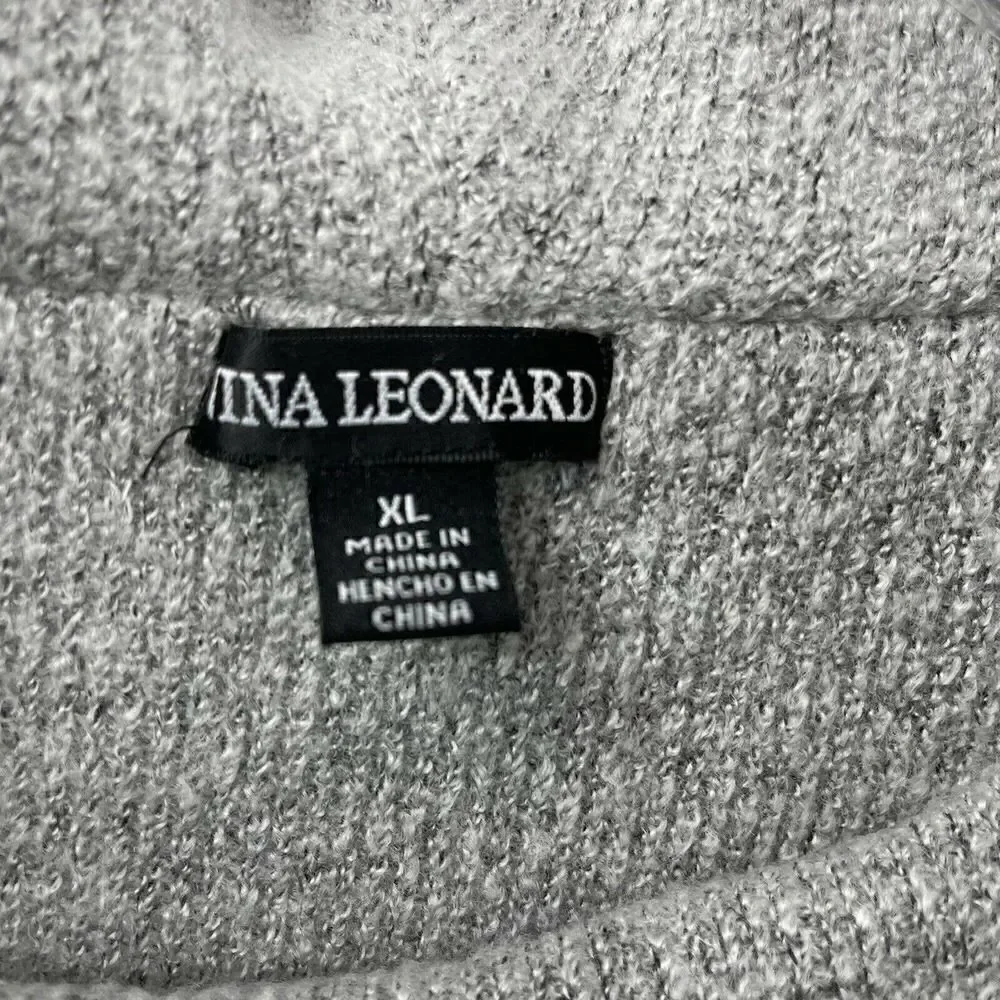 Cowl Neck Sweater Womens Size XL Gray Embellished Pearl Nina Leonard Brand Cute